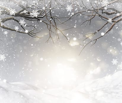 3D render of a Christmas background with snowy tree branches