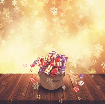 3D render of a Christmas sack of gifts on wooden table against gold stars background