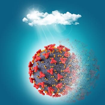 3D render of a Covid 19 virus cell disintegrating under sunlight