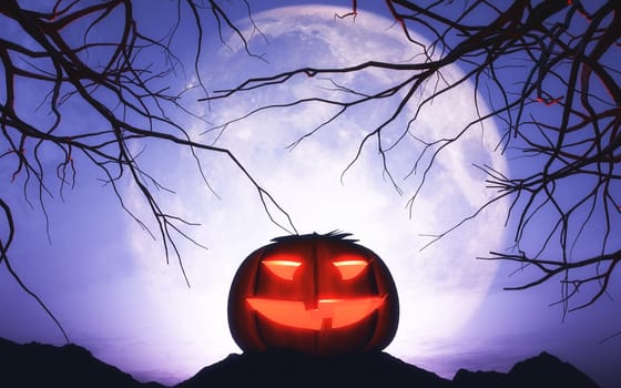 3D render of a Halloween pumpkin in moonlit landscape