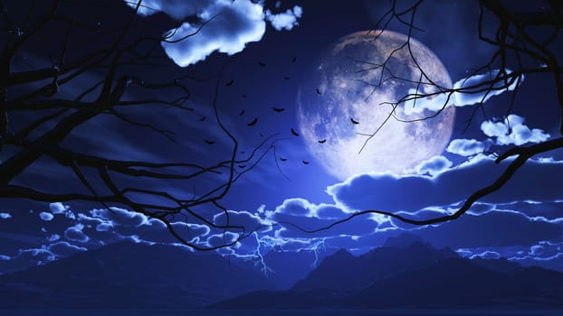 3D render of a Halloween landscape with trees against a moonlit sky
