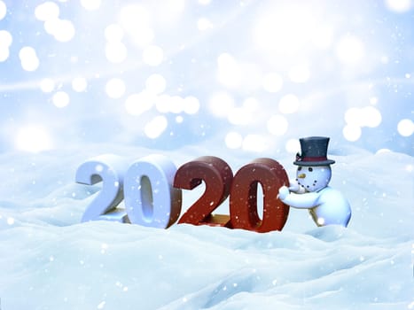 3D render of a Christmas snow landscape with snowman bringing the New Year in
