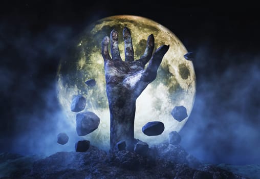 3D render of a Halloween background with zombie hand erupting out of the ground