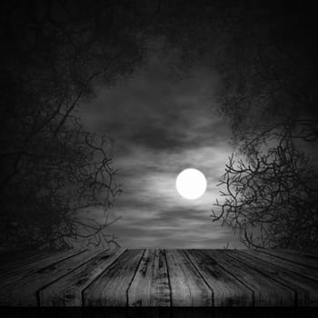 3D render of a Halloween background with wooden table looking out to spooky landscape