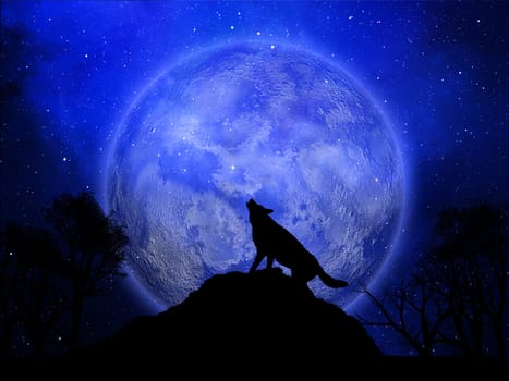 3D render of a Halloween background with wolf howling against the moon