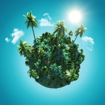 3D render of a Landscape with a palm tree globe on blue sky with clouds