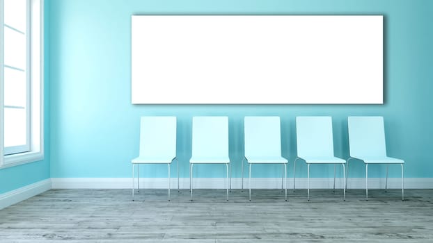 3D render of a blank canvas in a room with line of chairs