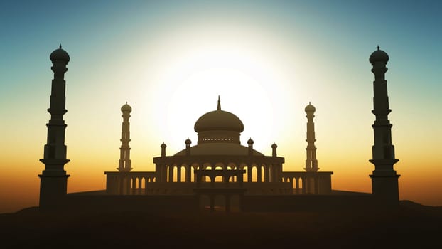 3D render of a Ramadan background with mosque against a sunset sky