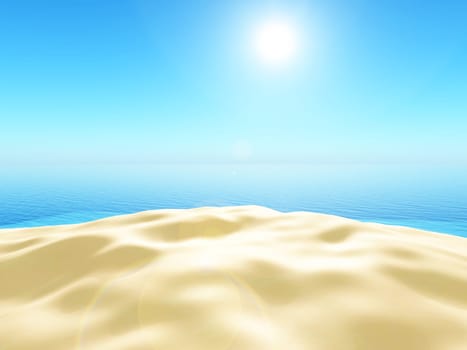 3D render of a beach landscape with close up of sand looking out to the ocean