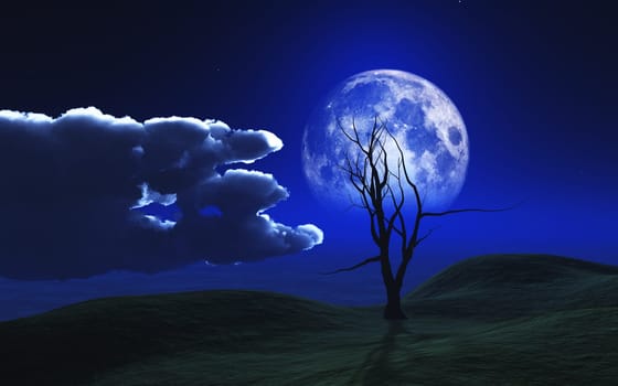 3D render of a Halloween background with spooky tree against a moonlit sky