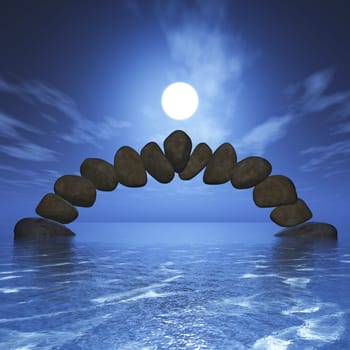3D render of a balancing rock formation in the ocean against a sunset sky