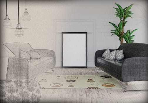 3D render of a blank picture leaning against a wall in a room interior with half in sketch phase