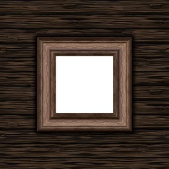 3D render of a blank wooden picture frame on a wooden texture background