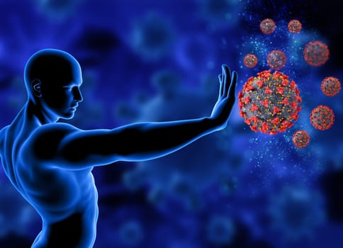 3D render of a blue male figure holding hand out and stopping Covid 19 virus cells