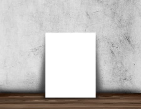 3D render of a blank picture on a wood floor against a concrete wall