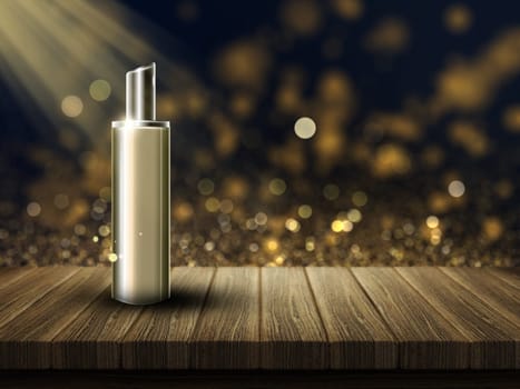 3D render of a blank cosmetic bottle on a wooden table against a bokeh lights background