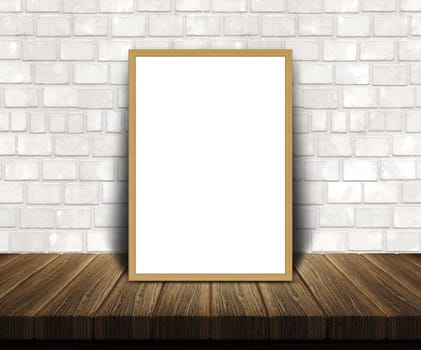 3D render of a blank picture frame on a wooden table leaning against a brick wall