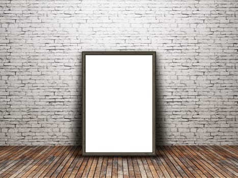 3D render of a blank picture frame leaning against an old brick wall