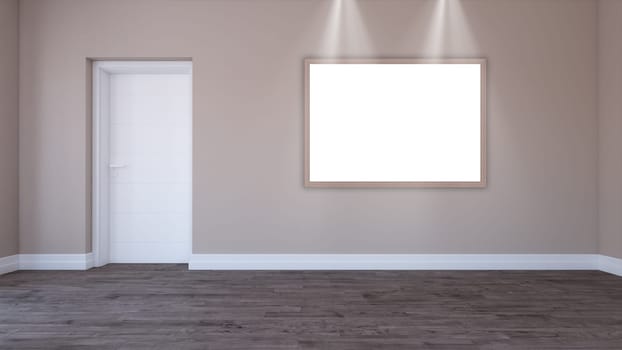3D render of a blank picture frame in an empty room