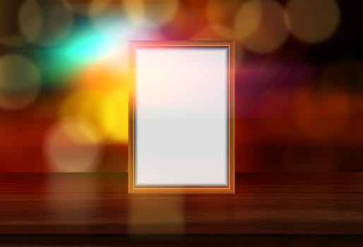 3D render of a blank picture frame on a defocussed bokeh lights background