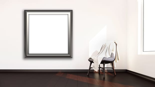 3D render of a blank picture frame hanging on a wall of a modern room interior