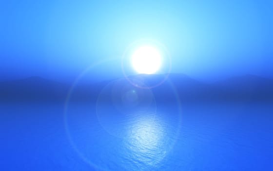 3D render of a blue sunset ocean landscape