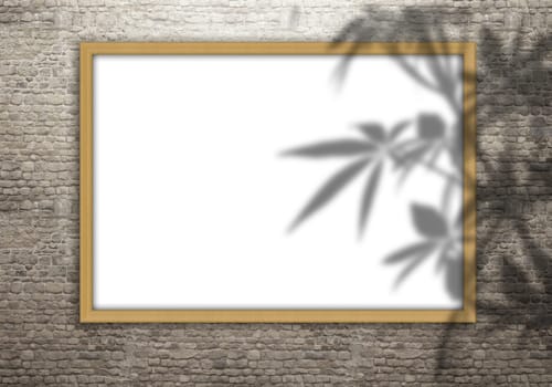 3D render of a blank picture frame on a brick wall with leaves shadow overlay