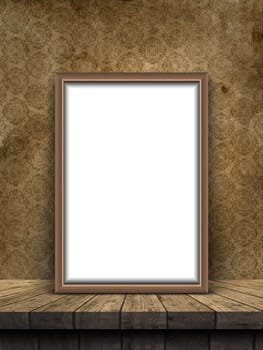 3D render of a blank picture frame on a wooden table against a grunge damask style wallpaper
