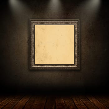 3D render of a background with blank vintage picture frame in grunge room with spotlights