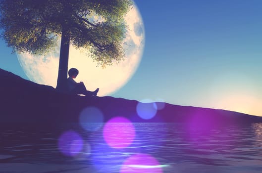 3D render of a boy sat against a tree with moon in night sky