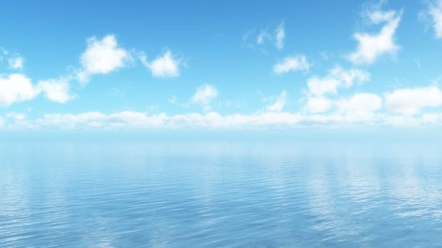 3D render of a blue ocean landscape with fluffy white clouds