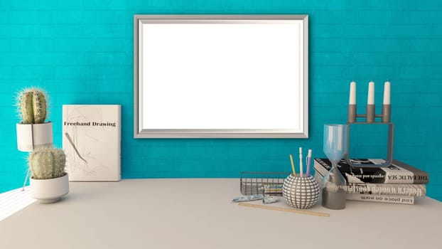 3D render of a blank picture frame in a modern home office