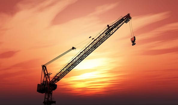 3D render of a crane against a sunset sky
