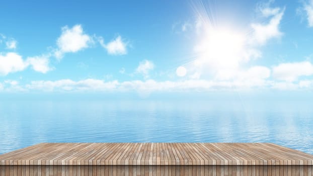 3D render of a blue ocean landscape with wooden table