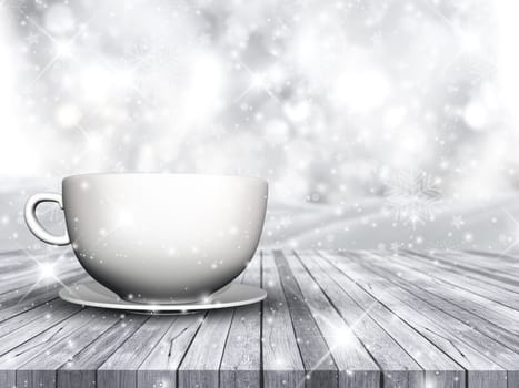 3D render of a cup and saucer on wooden table against Christmas snowflake background