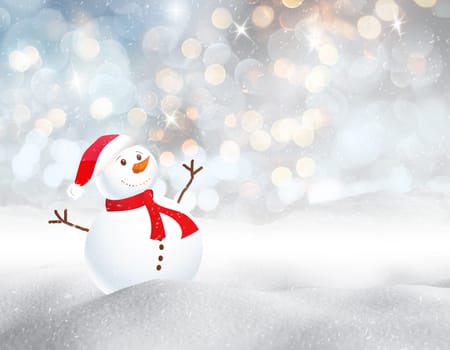 3D render of a cute snowman in a snowy landscape against a bokeh lights background