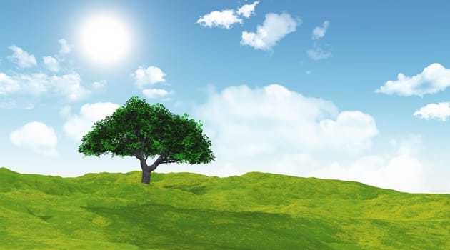 3D render of a cherry tree in a grassy landscape