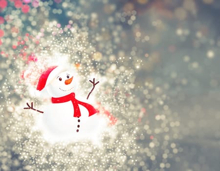 3D render of a cute snowman Christmas background with sparkle lights effect