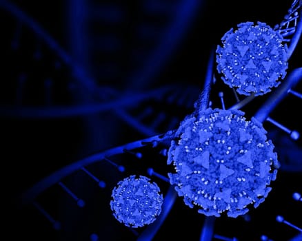 3D render of a dark medical background with DNA strands and Covid 19 cells