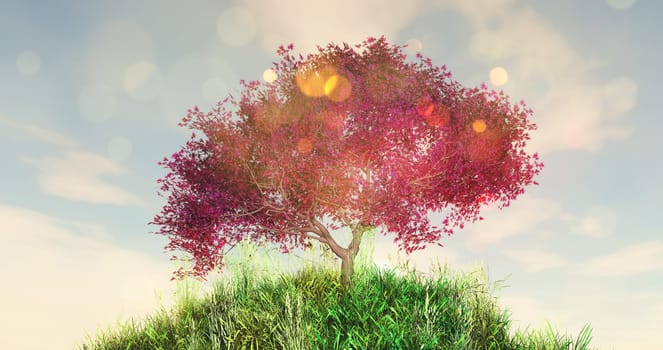 3D render of a cherry tree on a grassy globe