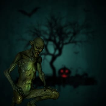 3D render of a demon on a defocussed Halloween background