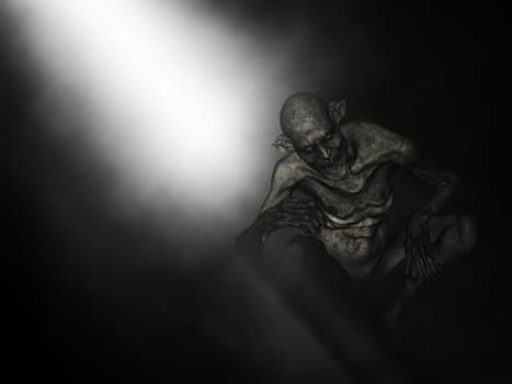 3D render of a demon in crouched position with spotlight shining down