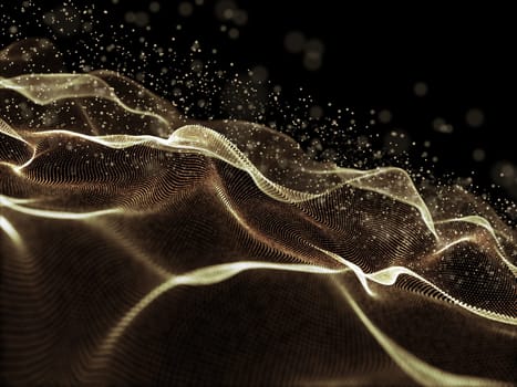 3D render of a digital background with golden flowing cyber dots