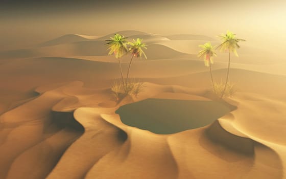3D render of a desert scene with oasis of water and palm trees