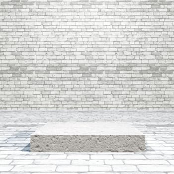 3D render of a brick room with empty podium