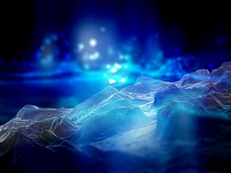 3D render of a digital landscape, network connections, connecting grid