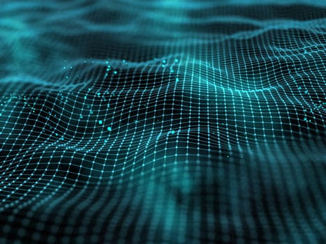3D render of a digital landscape with connecting lines and dots