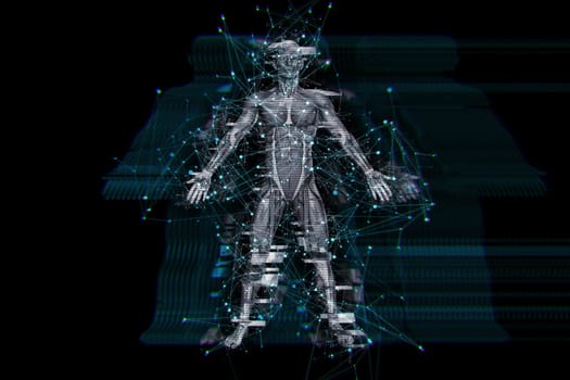 3D render of a digital technology background with glitch effect on male medical figure