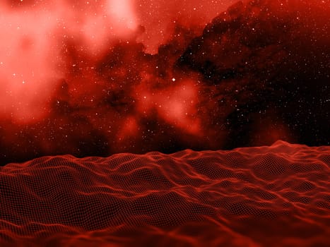 3D render of a digital landscape against a space sky
