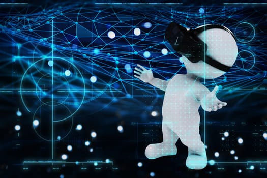 3D render of a digital technology background with figure wearing virtual reality headset